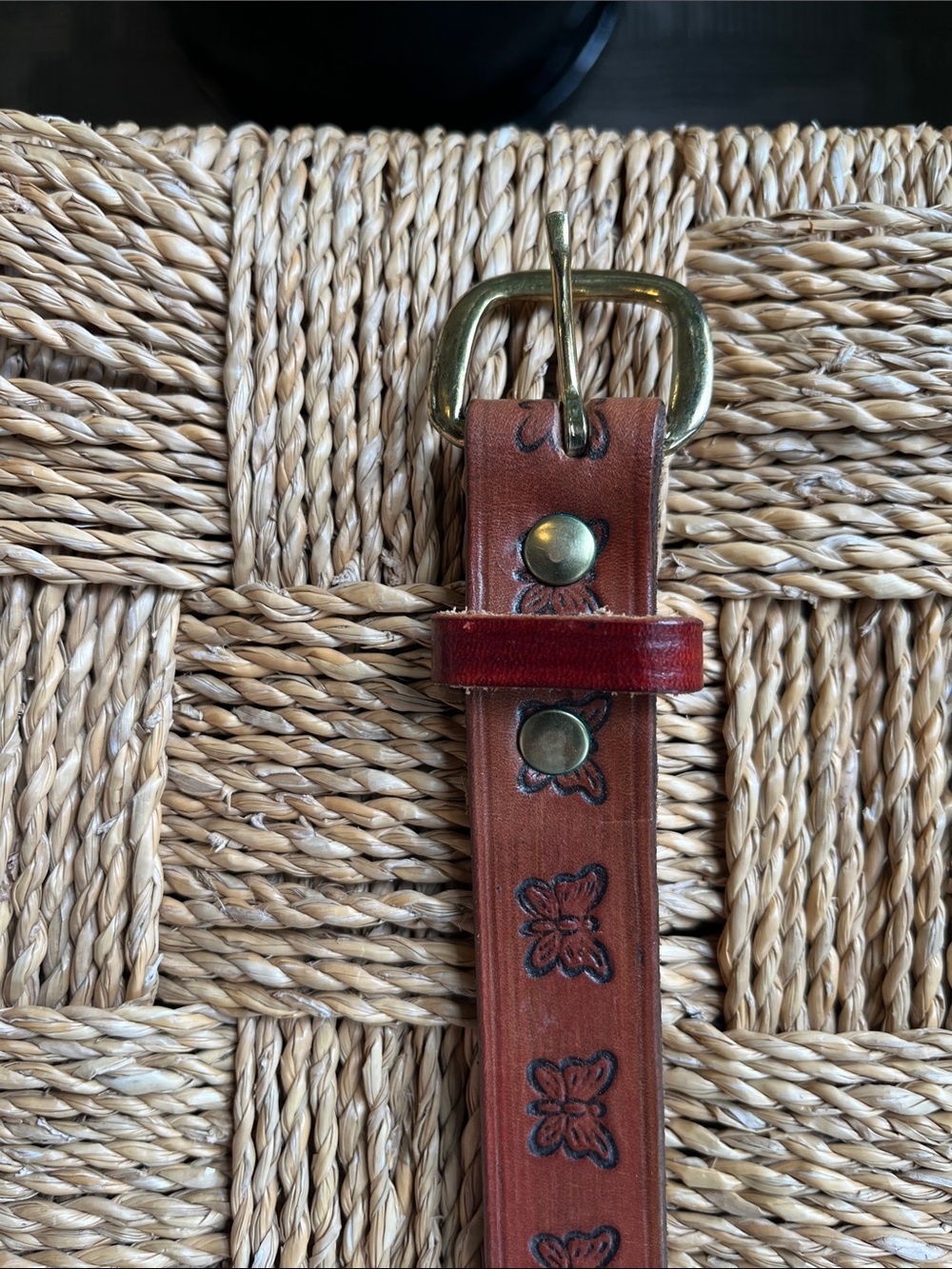 Brown Leather Men's Belt with Floral Tooling and Brass Buckle